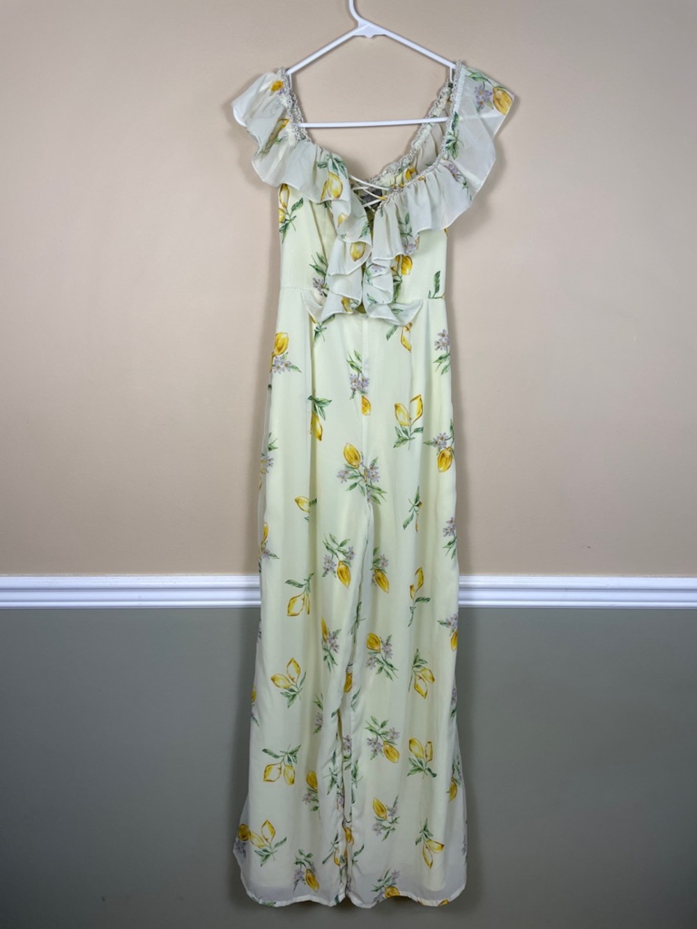 ASOS Women’s Lemon Floral Print Lace-Up Front Pale Yellow Ruffled Jumpsuit